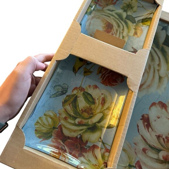 NEW Spring Romance 5-Piece Glass Serving Set Blue Floral Platters Bowls - Picture 8 of 11